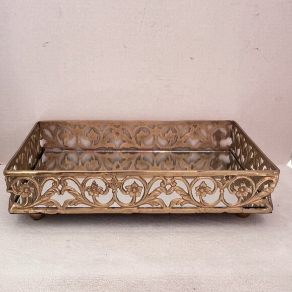 Footed Mirror Tray LG Gold Vanity Filigree Scroll Floral 14" x 9" x 3.5" LUXURY - Picture 2 of 15